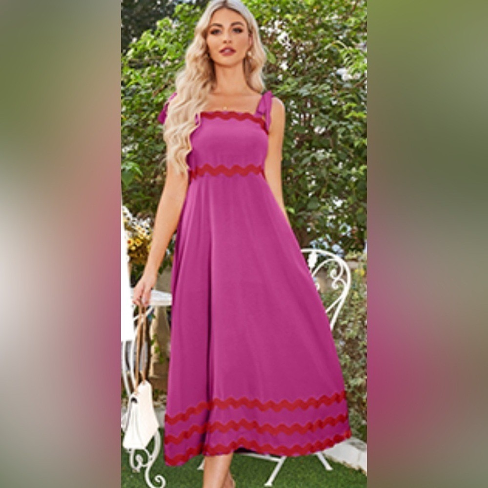 (A3) Theenkoln Pink Ric Rac Scallop Maxi Dress NWOT Size Medium Boho Summer Chic